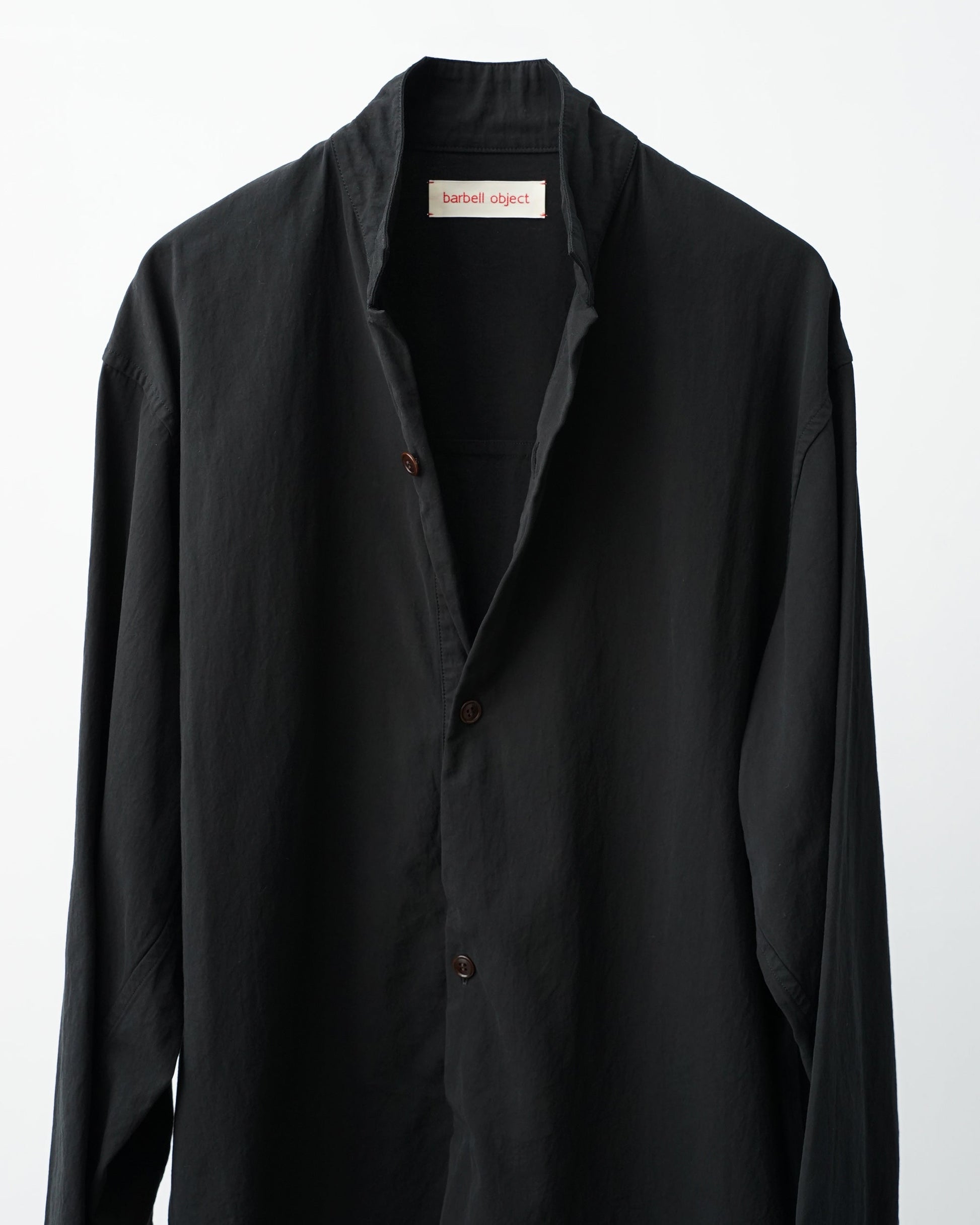 barbell object 　バーベルオブジェクト　twill po　プルオーバーシャツ　スタンドカラー　black　ボタンを外した状態