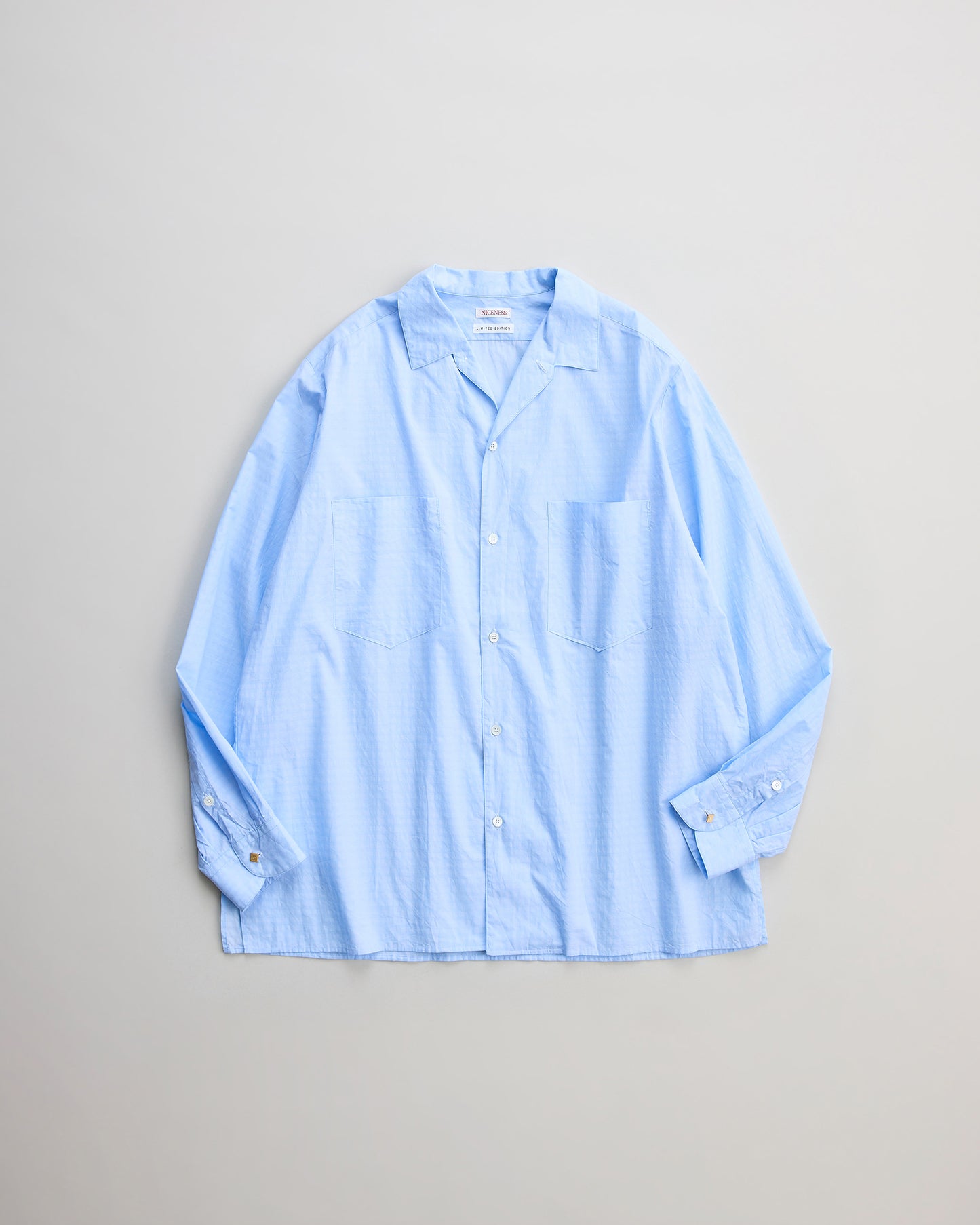 NICENESS  ナイスネス　DEAD STOCK LIGHT BLUE PATTERN DRESS SHIRT  ROMEO シャツ　デットストック　正面　ブルー