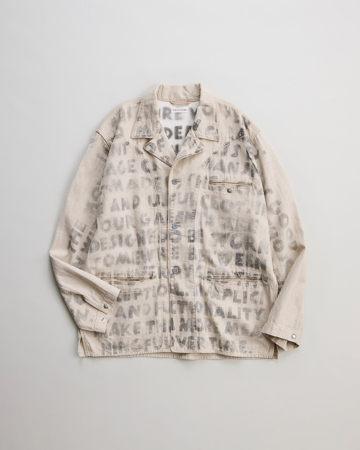NICENESS　ナイスネス　HAND STENCIL UTILITY JACKET H.ROLLO　ユーティリティジャケット　正面　NATURAL　ハンドステンシル