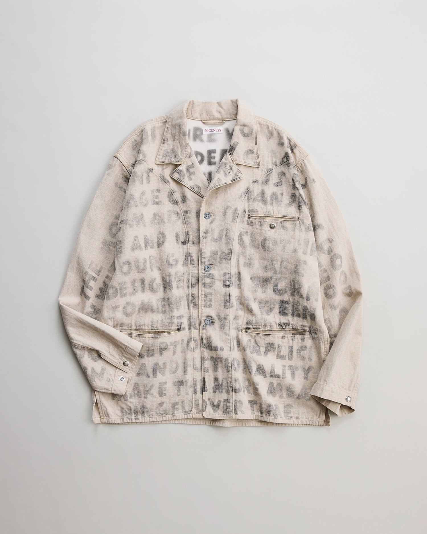 NICENESS　ナイスネス　HAND STENCIL UTILITY JACKET H.ROLLO　ユーティリティジャケット　正面　NATURAL　ハンドステンシル