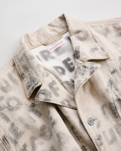 NICENESS　ナイスネス　HAND STENCIL UTILITY JACKET H.ROLLO　ユーティリティジャケット　襟部分　ディテール　NATURAL　ハンドステンシル