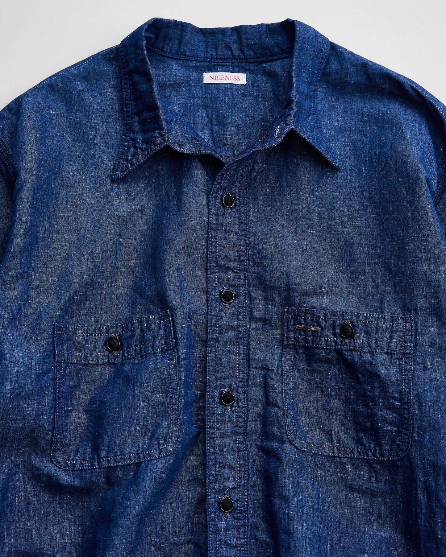NICENESS　ナイスネス　CHAMBRAY WORK SHIRT MOLINA　シャンブレーワークシャツ　INDIGO フロントポケット　ボタン　襟　